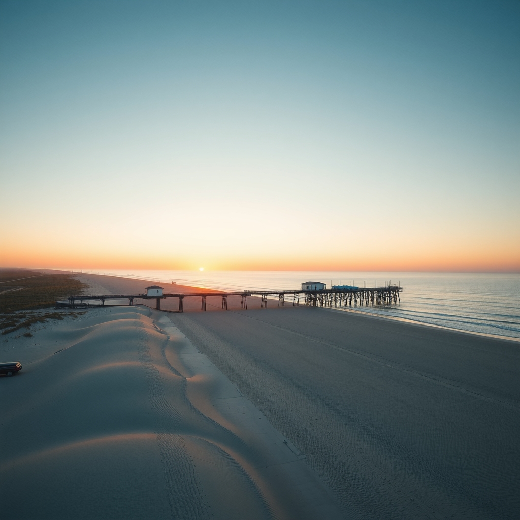 a wide sandy beach with a long pier at sunrise, aerial view